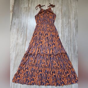 Lisa & Lucy Maxi Dress Orange Blue Abstract Halter Top Tie Back Boho Flowy Sz M